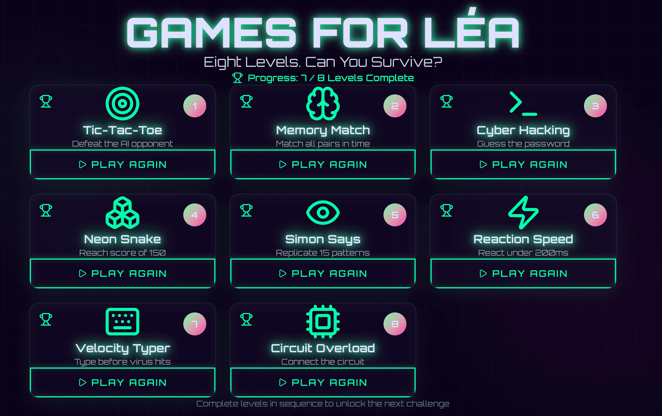 The Mini-games for Léa game selection screen